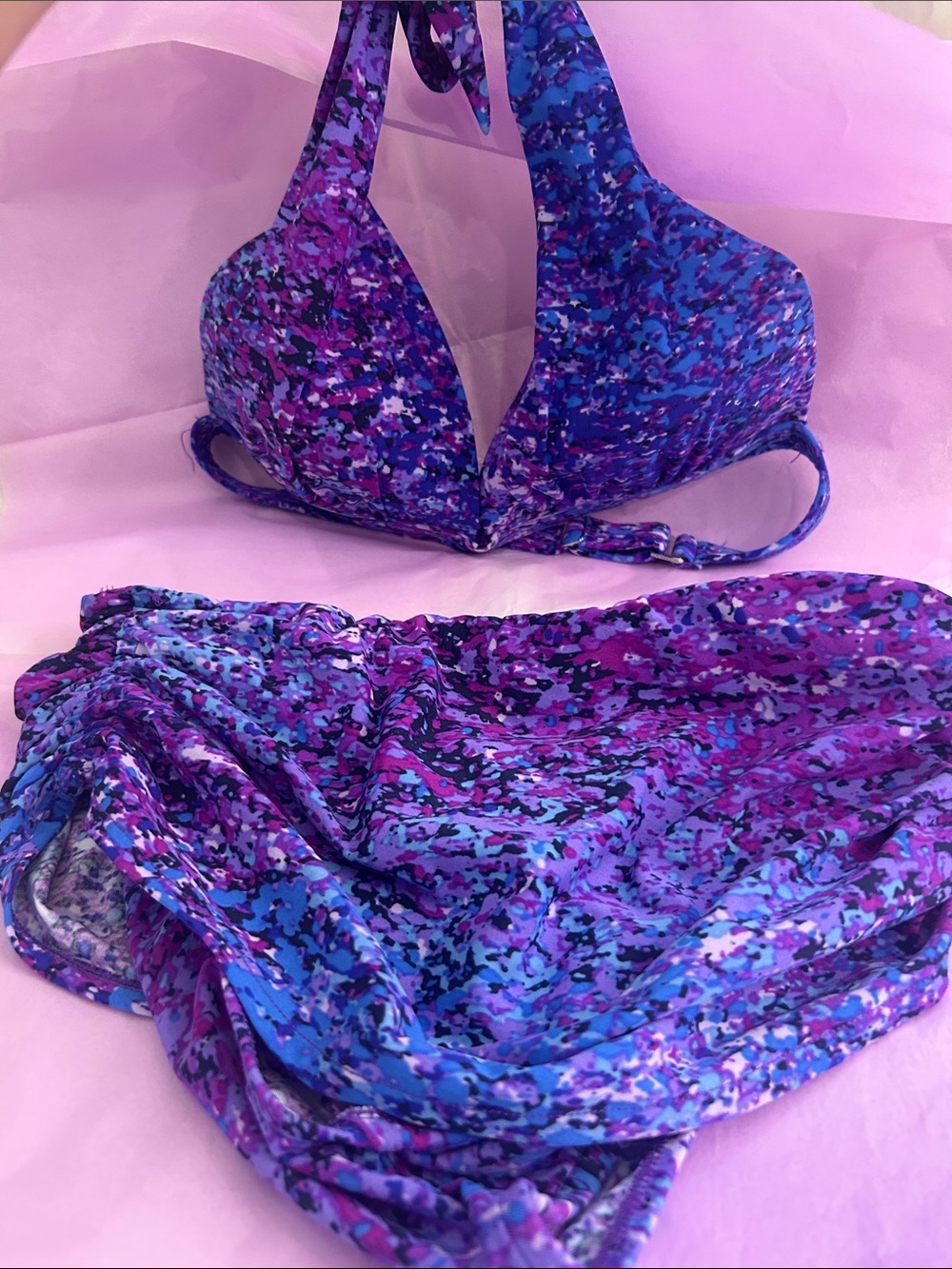 Purple & Blue Printed Halter Bikini Set